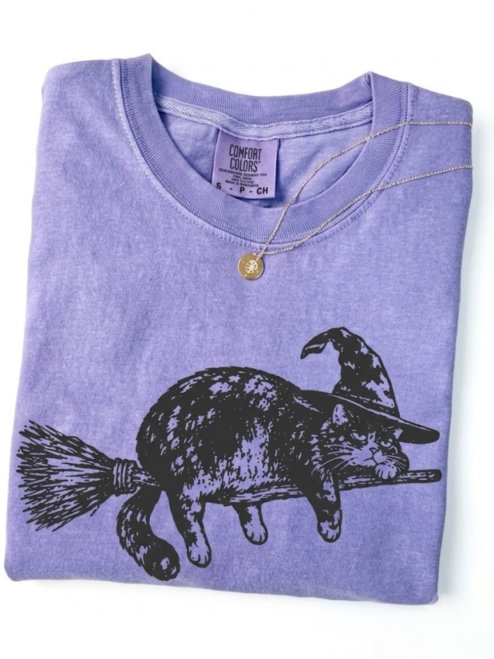 Comfort Colors Witchy Cat Riding Broom Vintage Halloween Graphic Tee